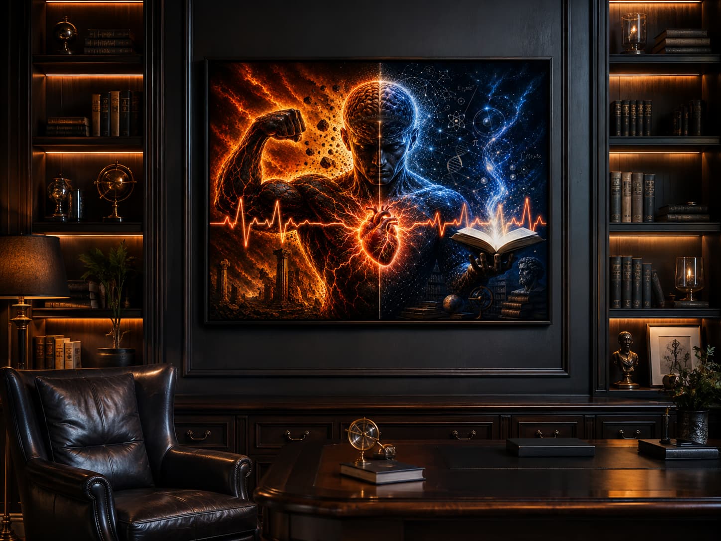 Framed The Power Within artwork displayed between illuminated bookshelves in a dark study