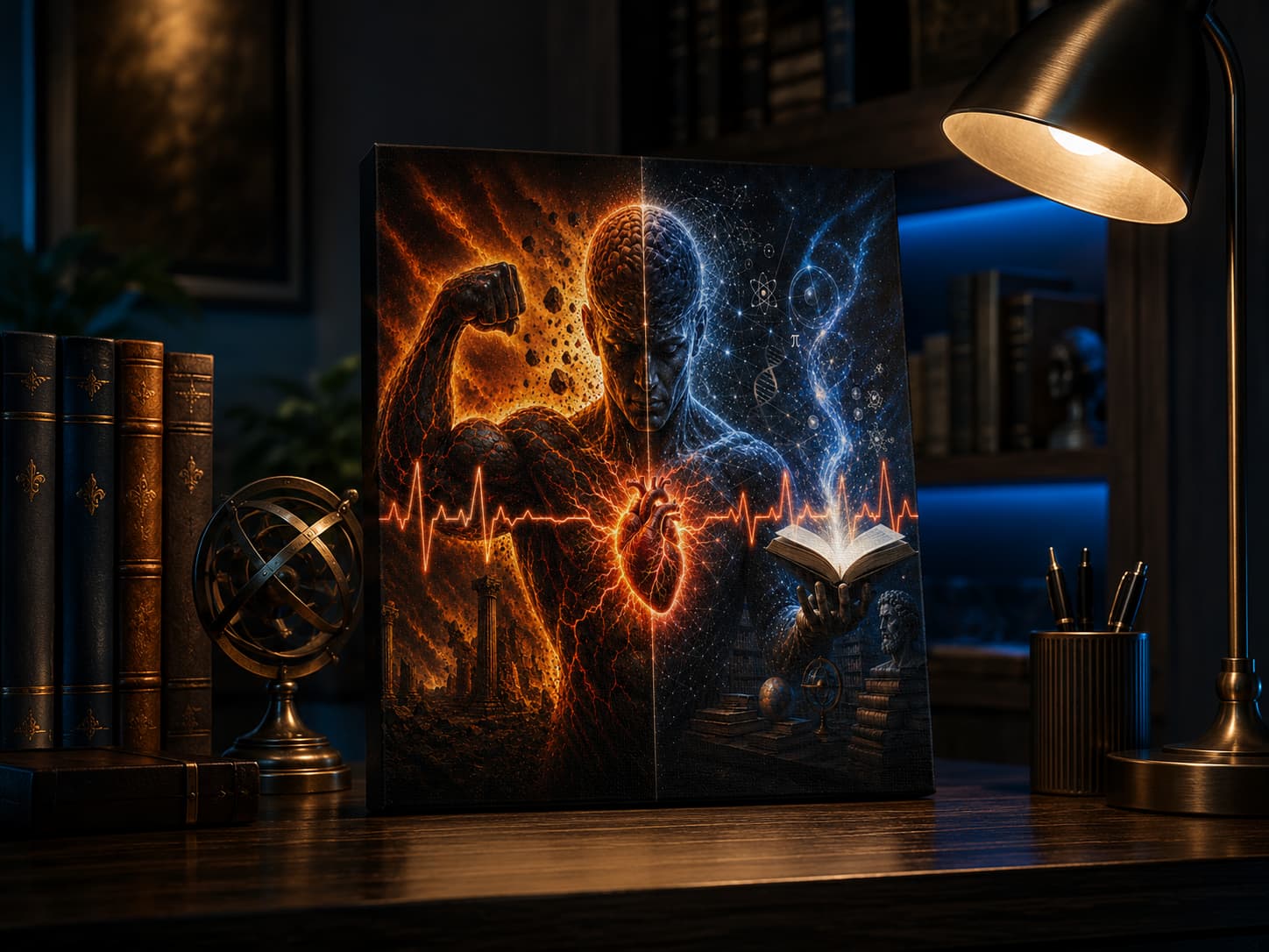 Small The Power Within canvas displayed on a dark wooden desk beside books and a lamp