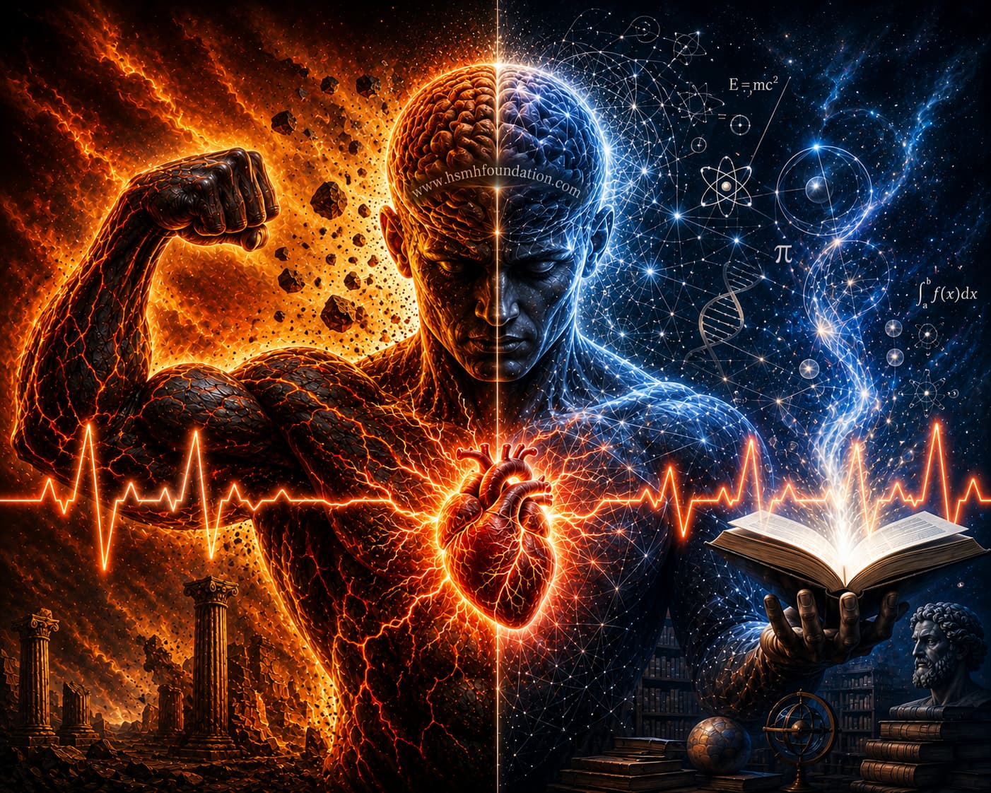 Abstract digital artwork of a man divided between fiery physical strength and a blue world of knowledge, with a glowing heart connecting body and mind.