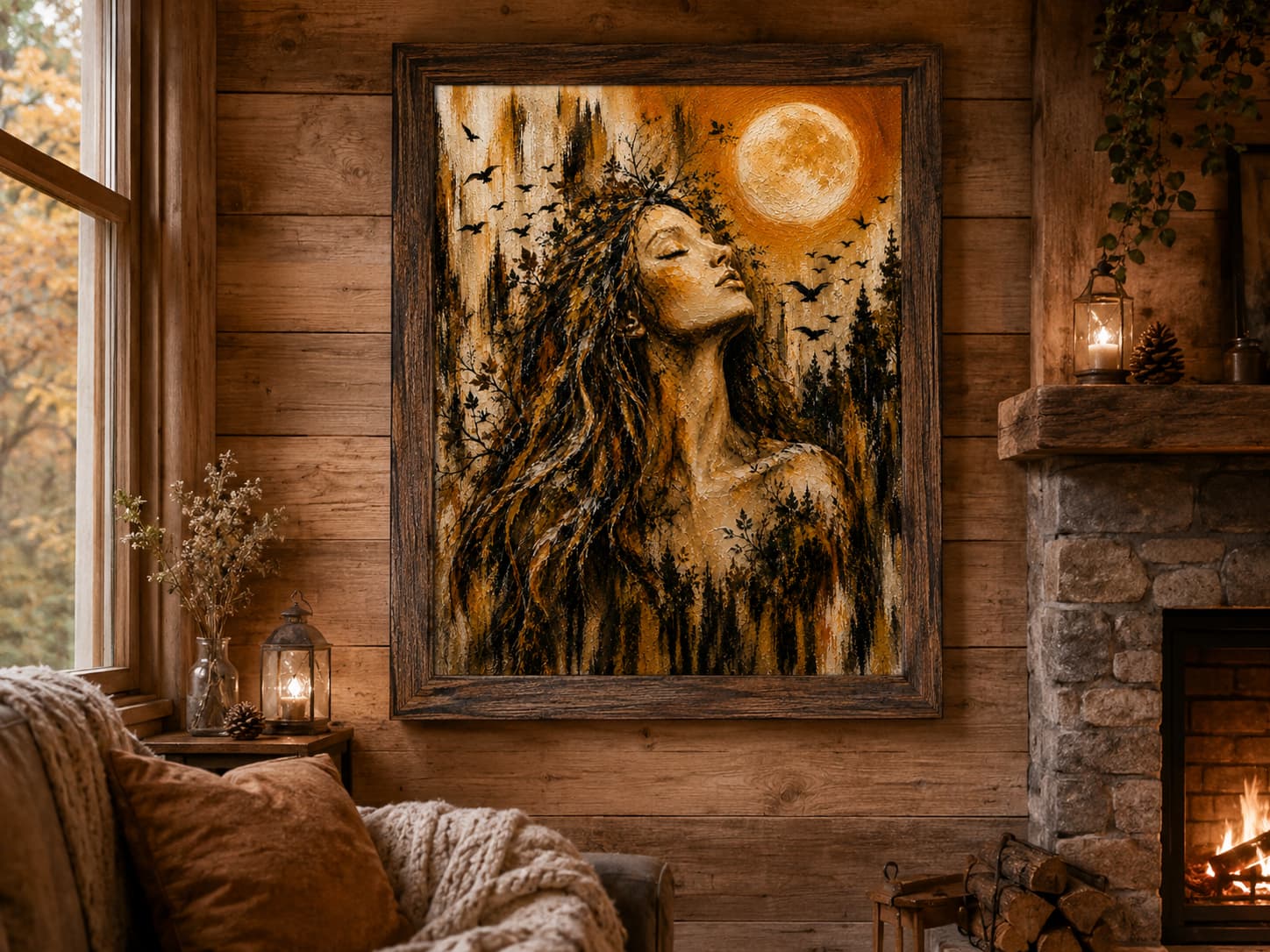 Framed Golden Surrender artwork displayed on a rustic wooden cottage wall