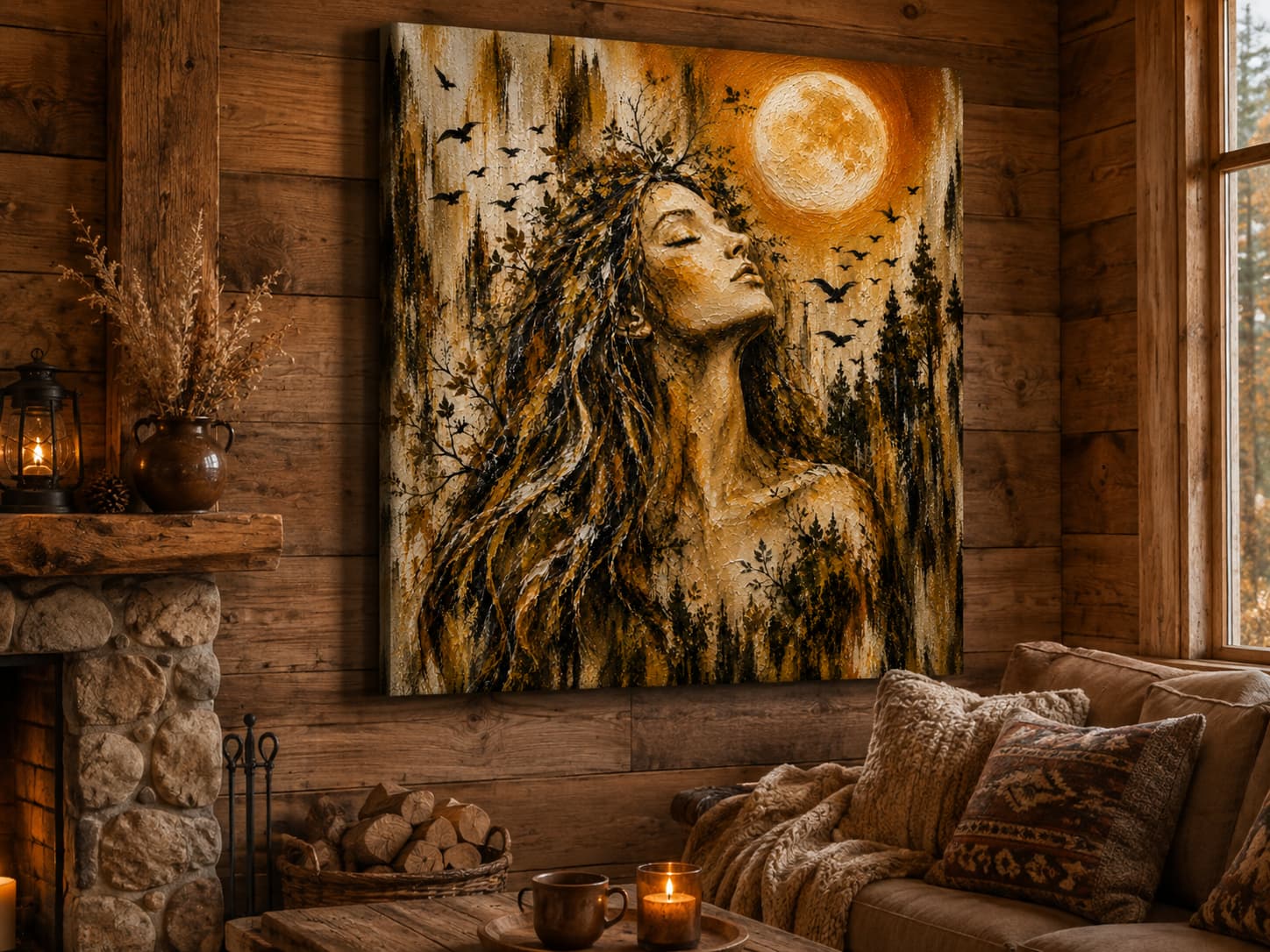 Large Golden Surrender stretched canvas displayed above a fireplace in a wooden cottage