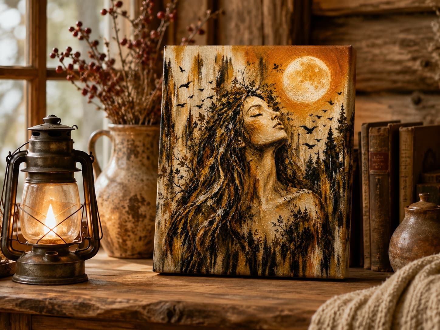 Small Golden Surrender canvas displayed on a rustic table beside a glowing lantern