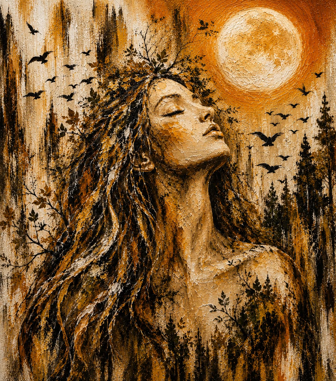 Serene woman with closed eyes beneath a glowing golden moon, surrounded by birds and forest branches