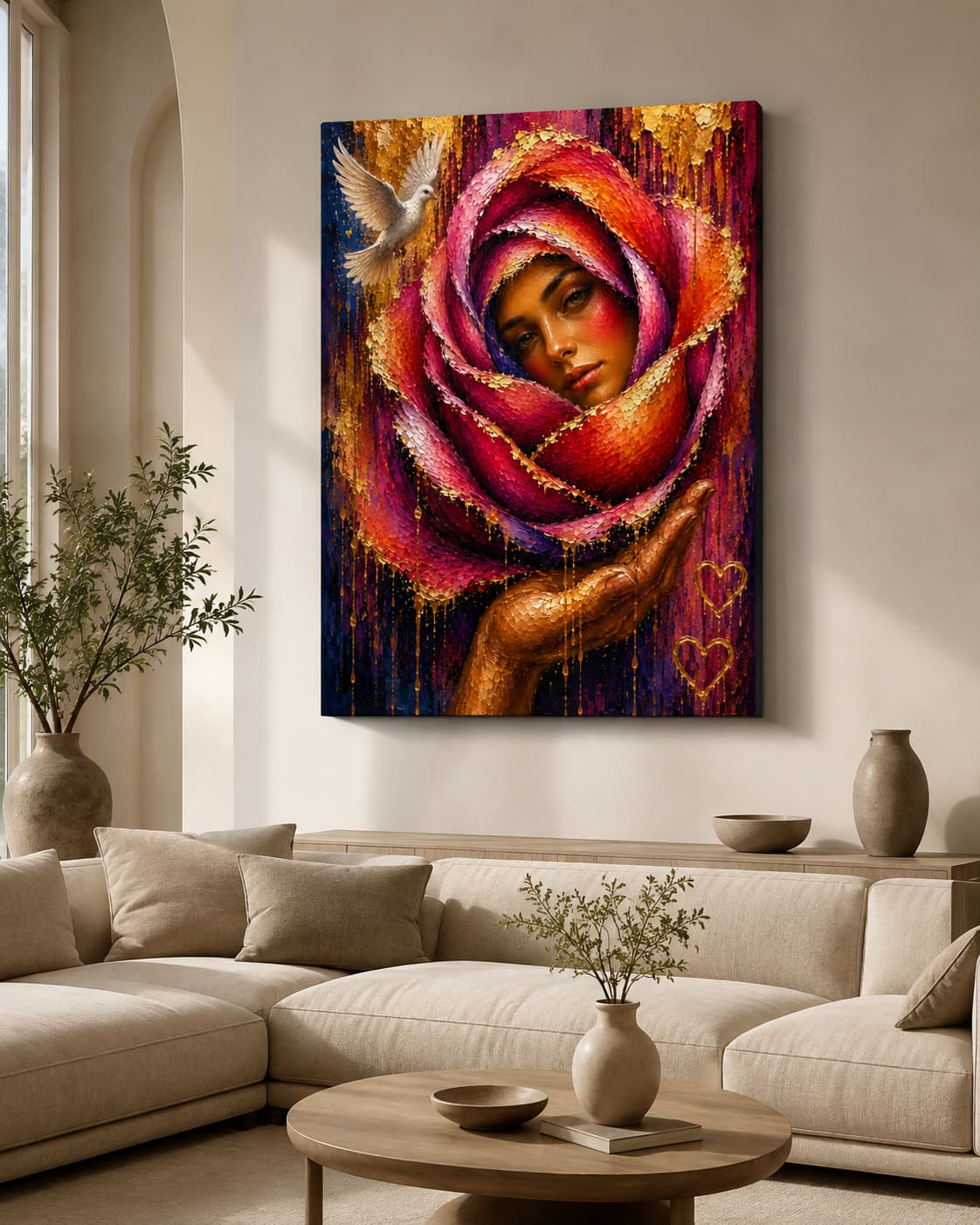 Rose of Compassion abstract healing artwork displayed as a stretched canvas in a modern living room.