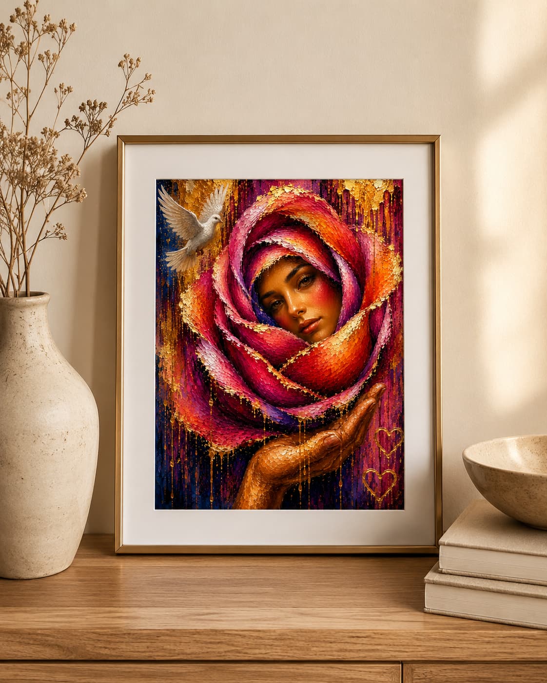 Rose of Compassion framed art print featuring a woman surrounded by layered rose petals, a white dove, an open hand, and gold heart details.
