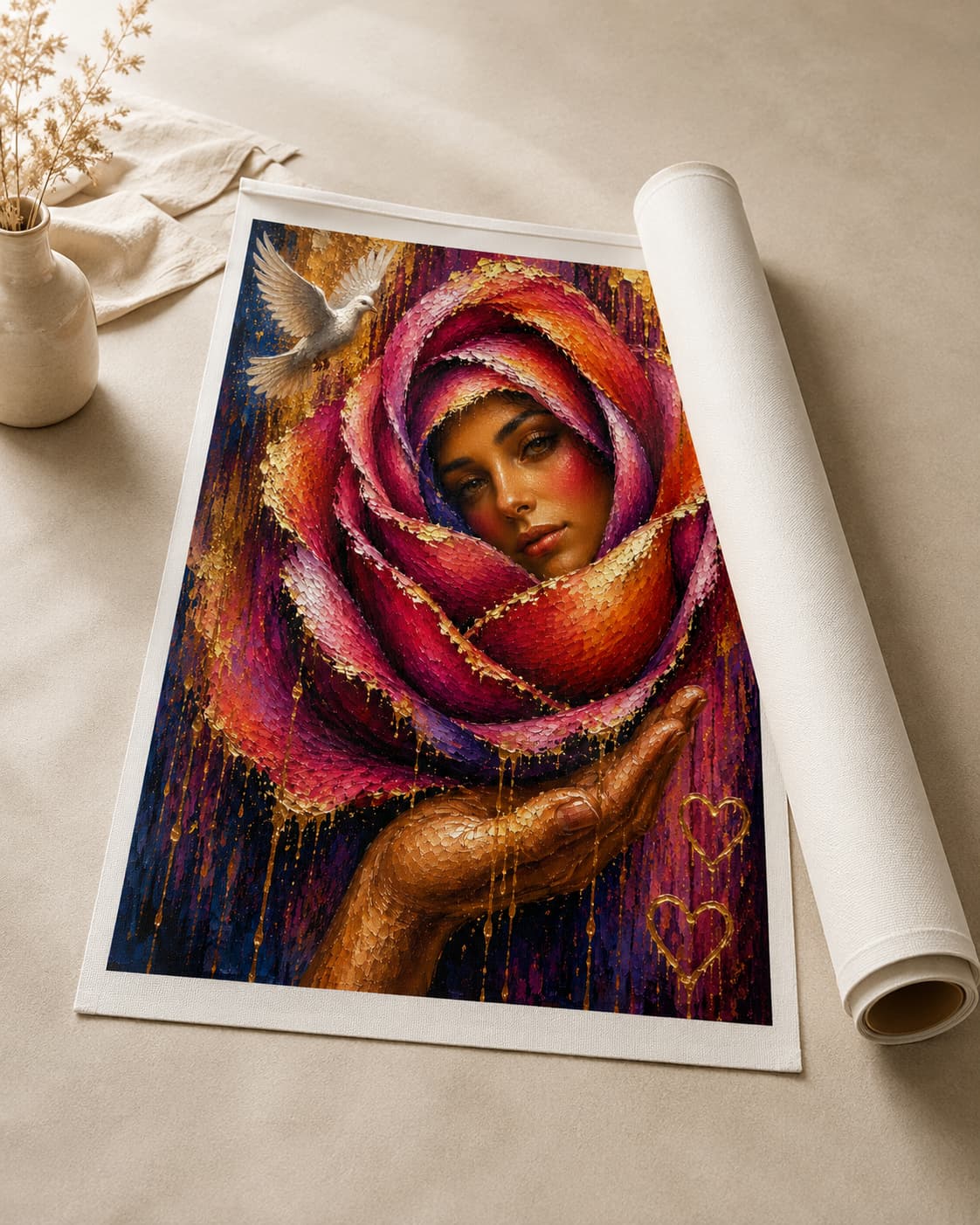 Rose of Compassion artwork displayed as an unframed rolled canvas print featuring a woman surrounded by rose petals, a white dove, and an open hand.