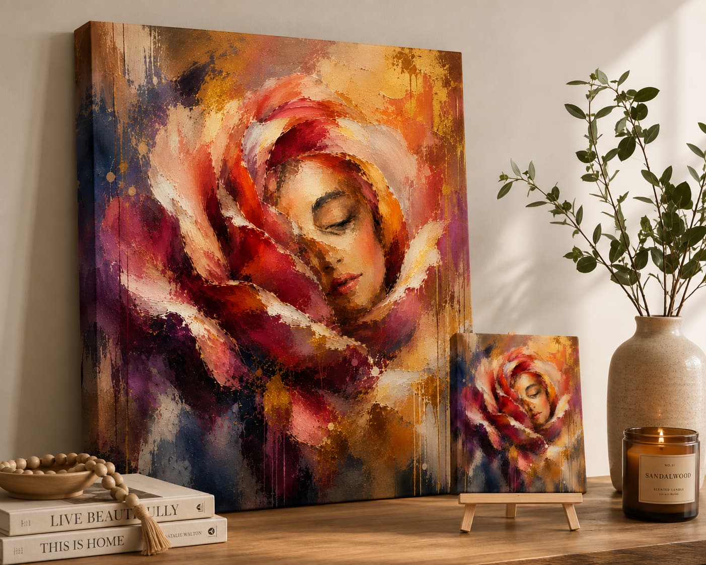 Rose of Forgiveness displayed as a large stretched canvas with a matching small tabletop print on an easel.