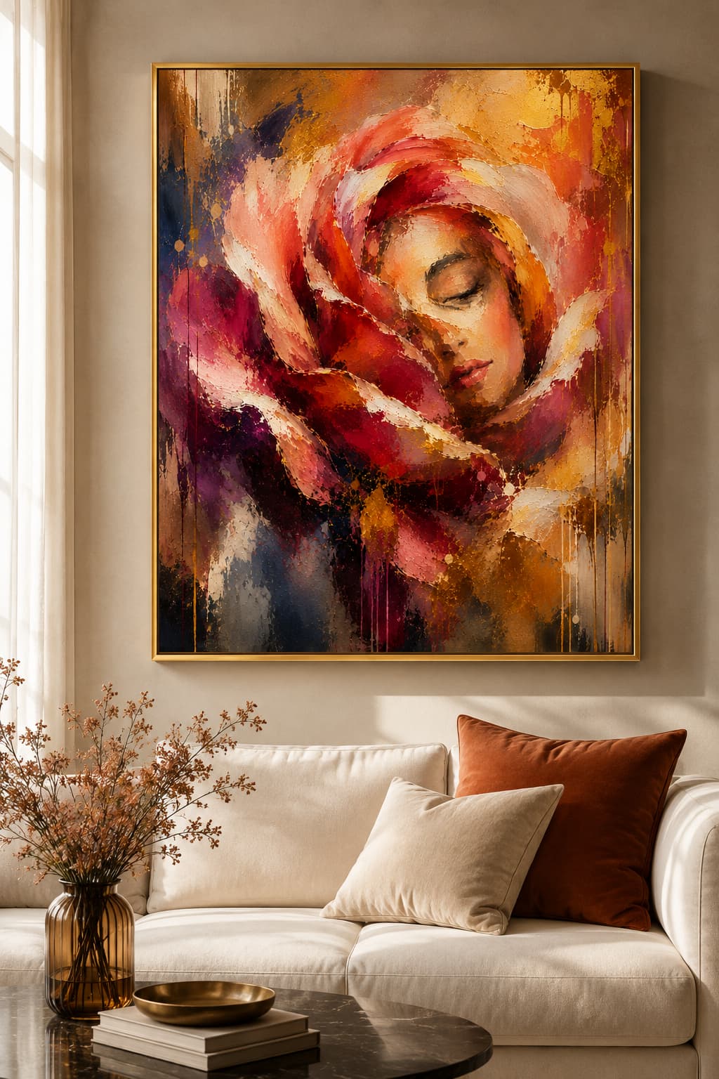 Large framed Rose of Forgiveness artwork displayed above a cream sofa with warm neutral décor.