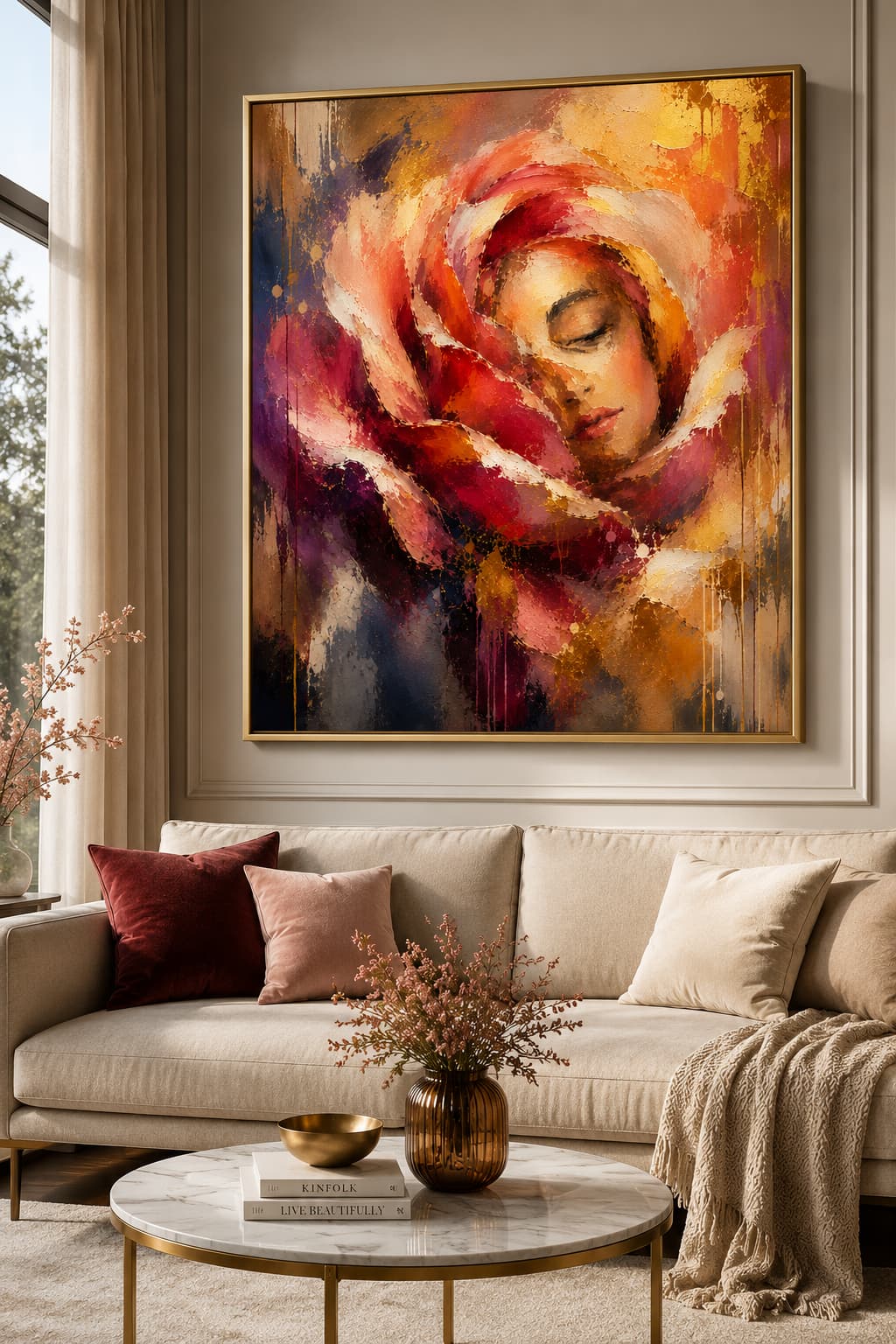 Rose of Forgiveness framed art displayed above a cream sofa in an elegant neutral living room.