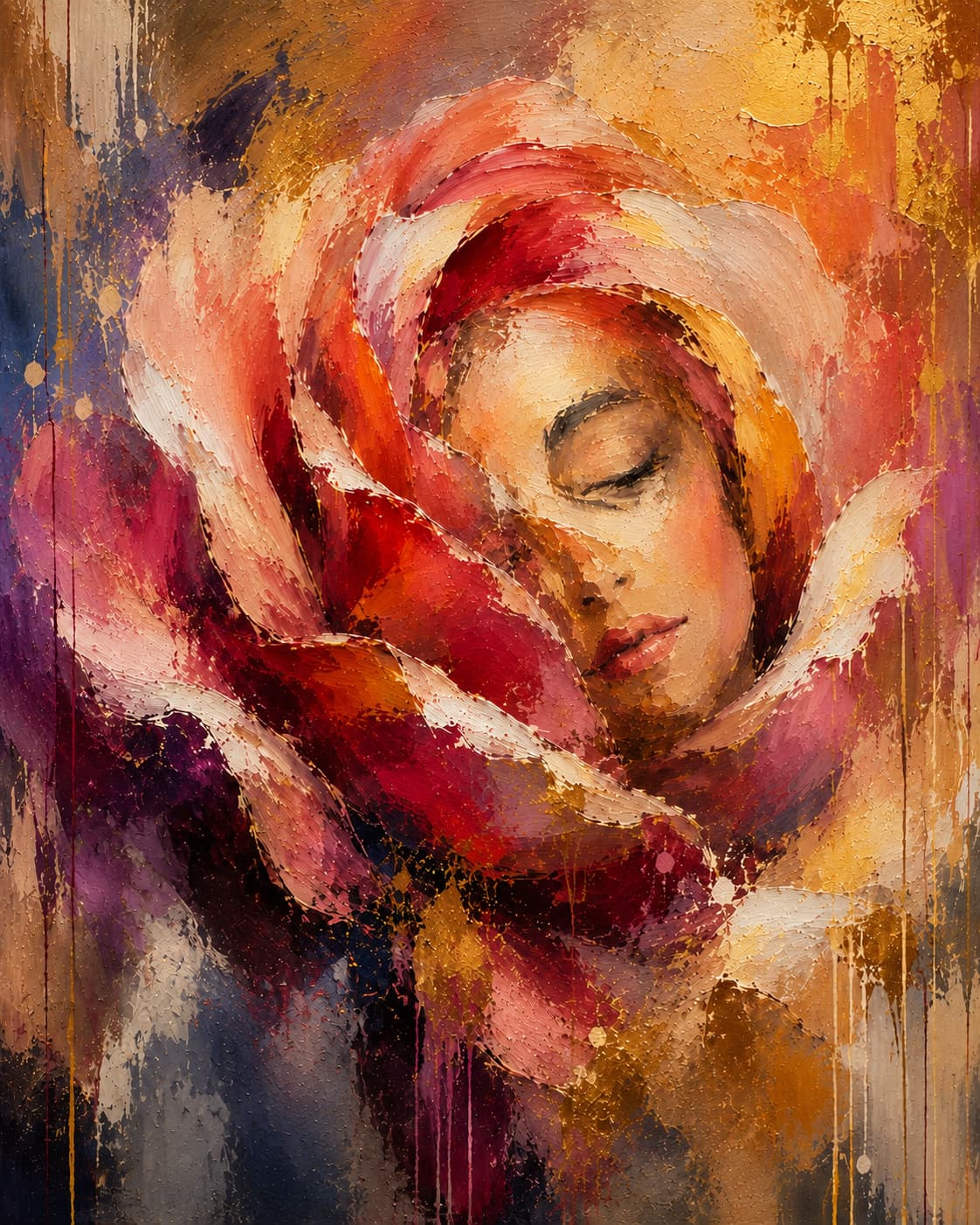 Abstract portrait of a peaceful woman with closed eyes surrounded by layered rose petals in red, pink, cream, purple, and gold.