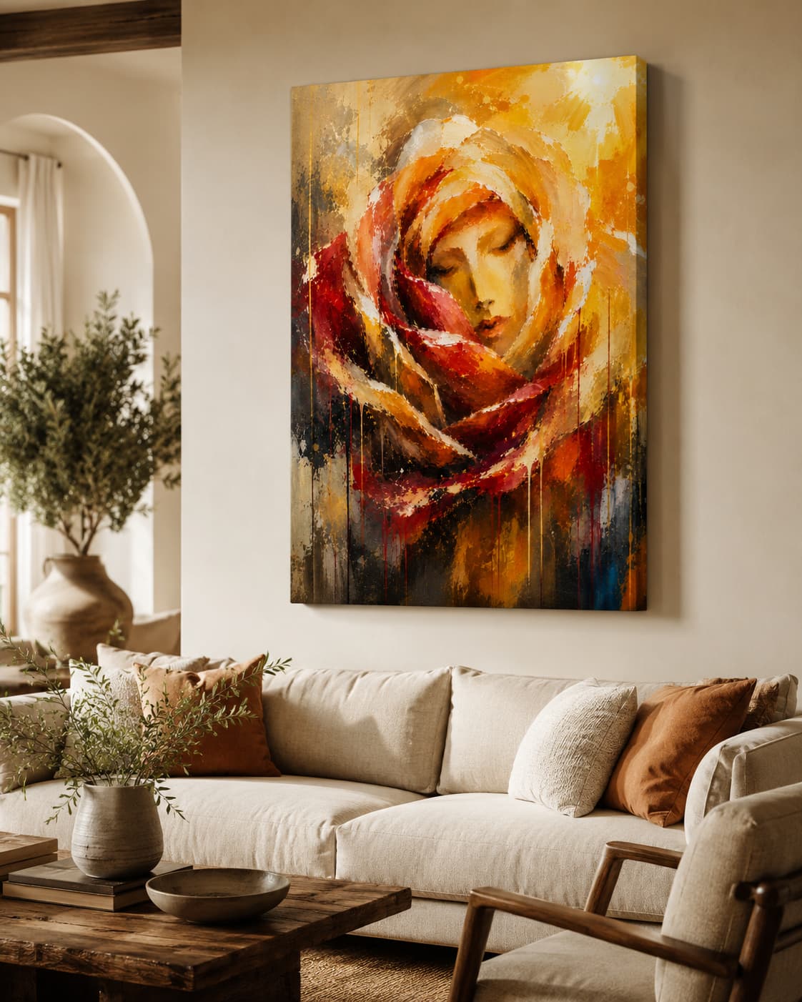 Large Rose of Hope stretched canvas displayed above a cream sofa in a bright, warm living room.