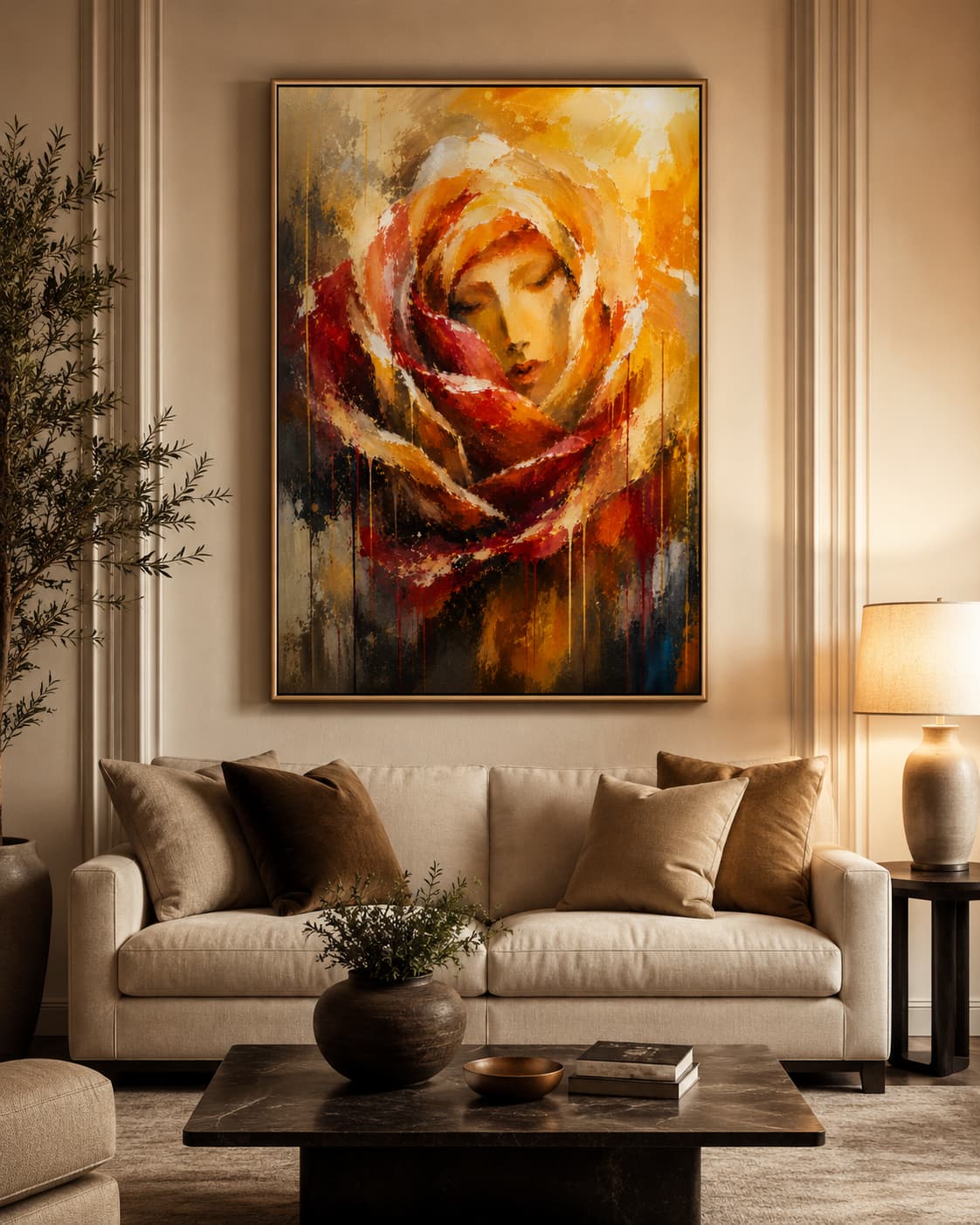 Large framed Rose of Hope art print displayed above a cream sofa in an elegant softly lit living room.