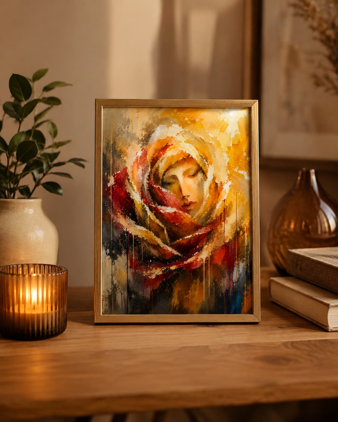 Small framed Rose of Hope art print displayed on a wooden table beside a candle, books, vase, and plant.