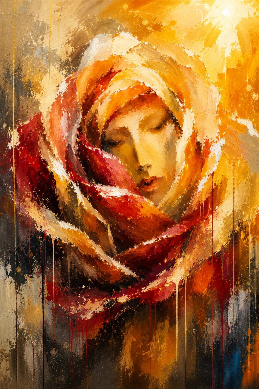 Serene woman resting within glowing white, gold, and red rose petals beneath warm sunlight, symbolizing hope and healing.