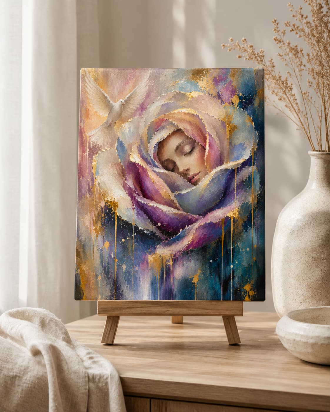 Small tabletop canvas of Rose of Peace displayed on a wooden easel beside a ceramic vase.