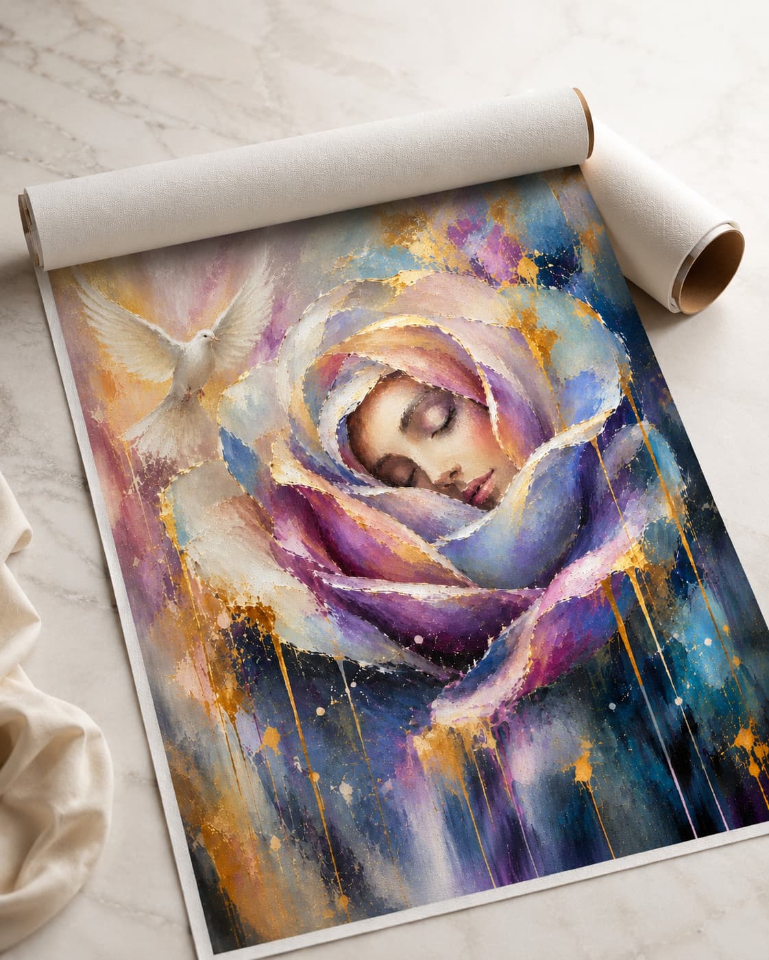 Rolled canvas print of Rose of Peace partially unrolled on a light surface.