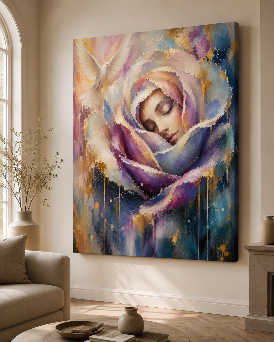 Large stretched canvas of Rose of Peace displayed on a wall in a neutral elegant living room.