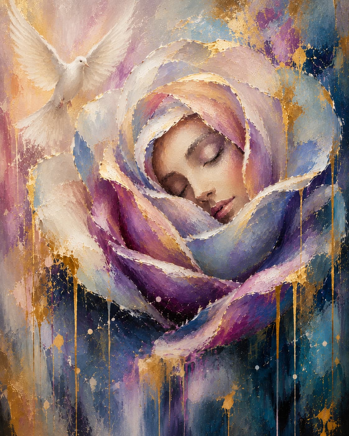 Abstract portrait of a peaceful woman with closed eyes nestled in soft rose petals, with a white dove and blue, lavender, cream, and gold tones.