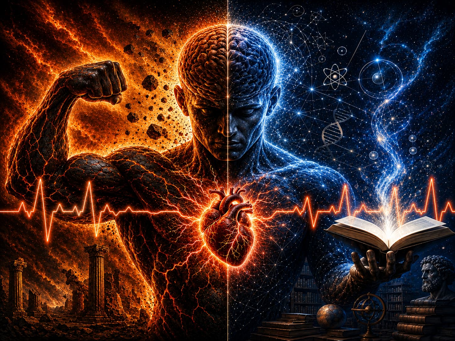 Split human figure representing physical strength, intelligence, science, and the power of the heart