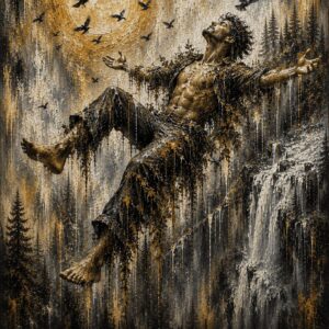 Tree Spirit: Embracing Freedom abstract forest artwork featuring a male tree spirit with outstretched arms beneath the full moon, surrounded by ravens and waterfalls.