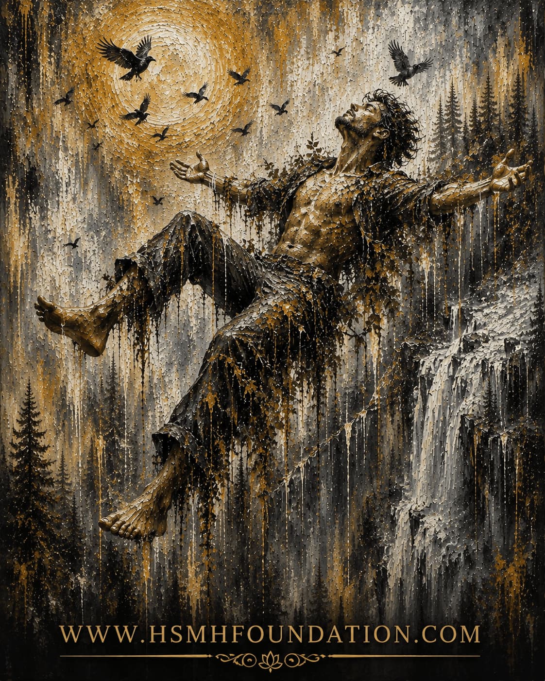 Tree Spirit: Embracing Freedom abstract forest artwork featuring a male tree spirit with outstretched arms beneath the full moon, surrounded by ravens and waterfalls.