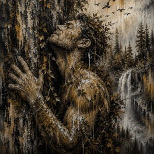 Tree Spirit: Embracing the Forest abstract artwork featuring a male tree spirit embracing an ancient tree beside a waterfall, symbolizing healing and connection with nature.