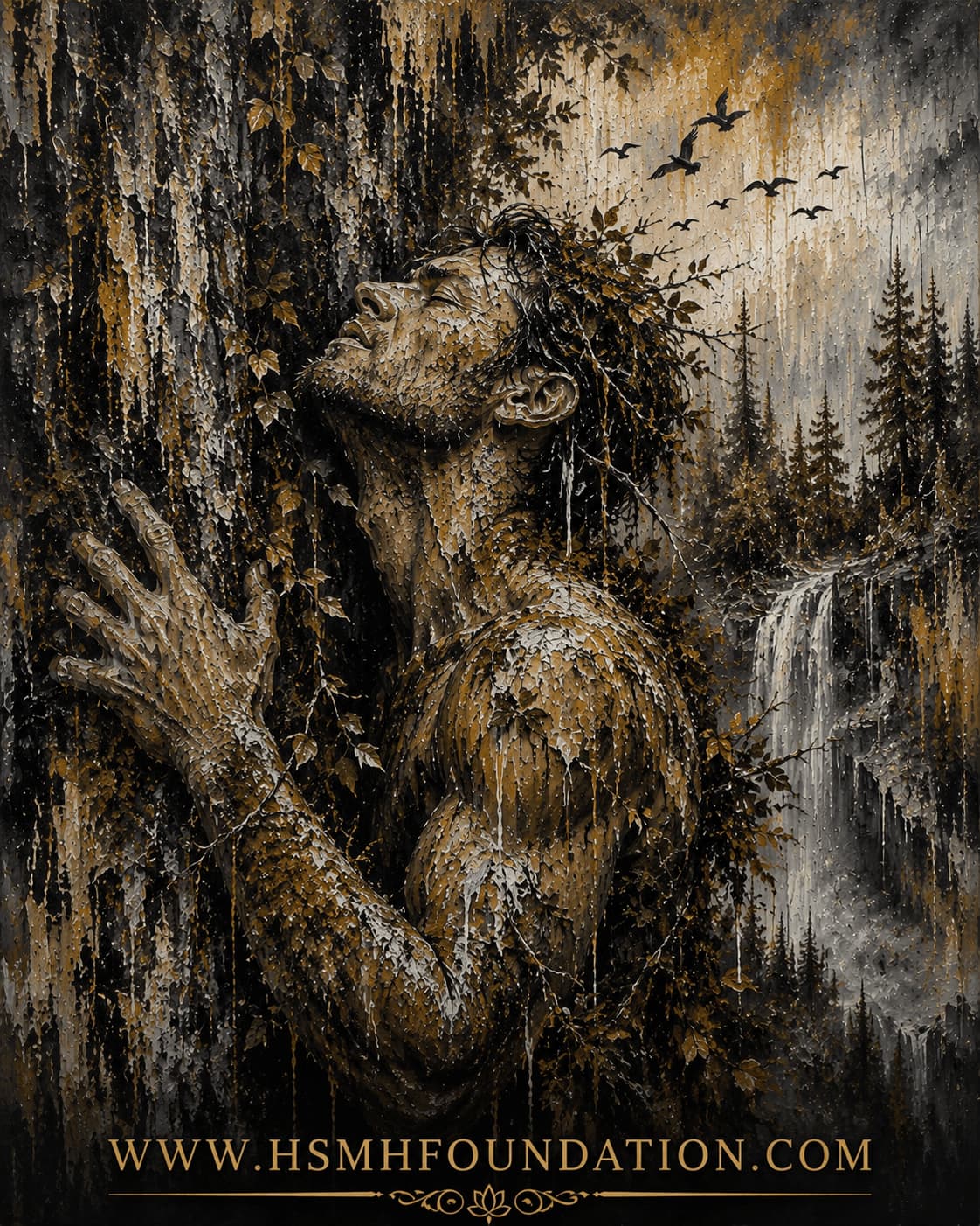 Tree Spirit: Embracing the Forest abstract artwork featuring a male tree spirit embracing an ancient tree beside a waterfall, symbolizing healing and connection with nature.