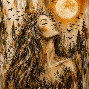 Tree Spirit: Moonlit Awakening abstract artwork featuring a female tree spirit beneath a full moon, surrounded by forest trees and birds, symbolizing healing and harmony with nature.