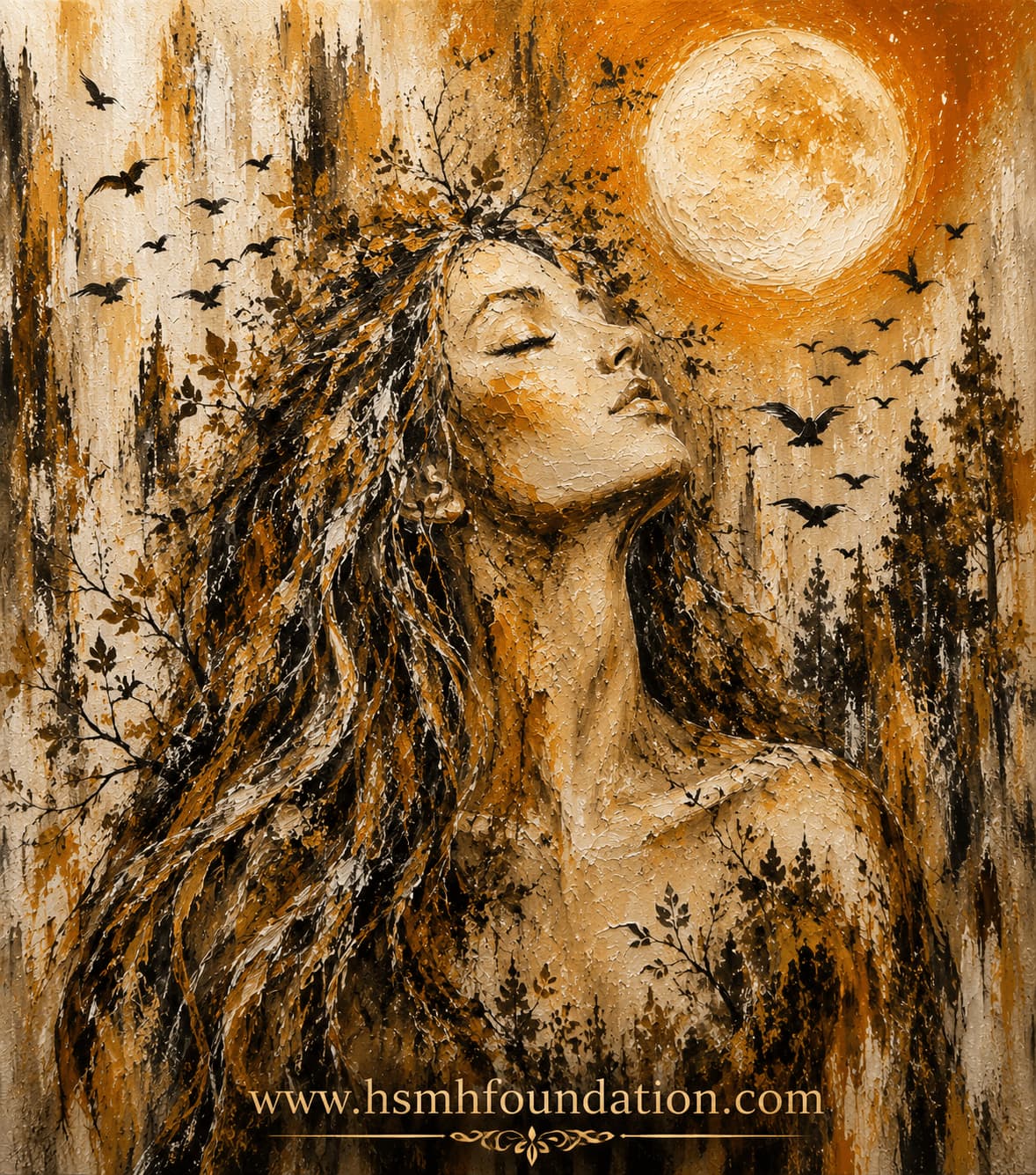 Tree Spirit: Moonlit Awakening abstract artwork featuring a female tree spirit beneath a full moon, surrounded by forest trees and birds, symbolizing healing and harmony with nature.