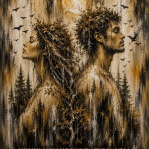 Tree Spirits: Connected Roots abstract artwork featuring a male and female tree spirit standing back to back beneath a full moon, united by a living tree in a peaceful forest.