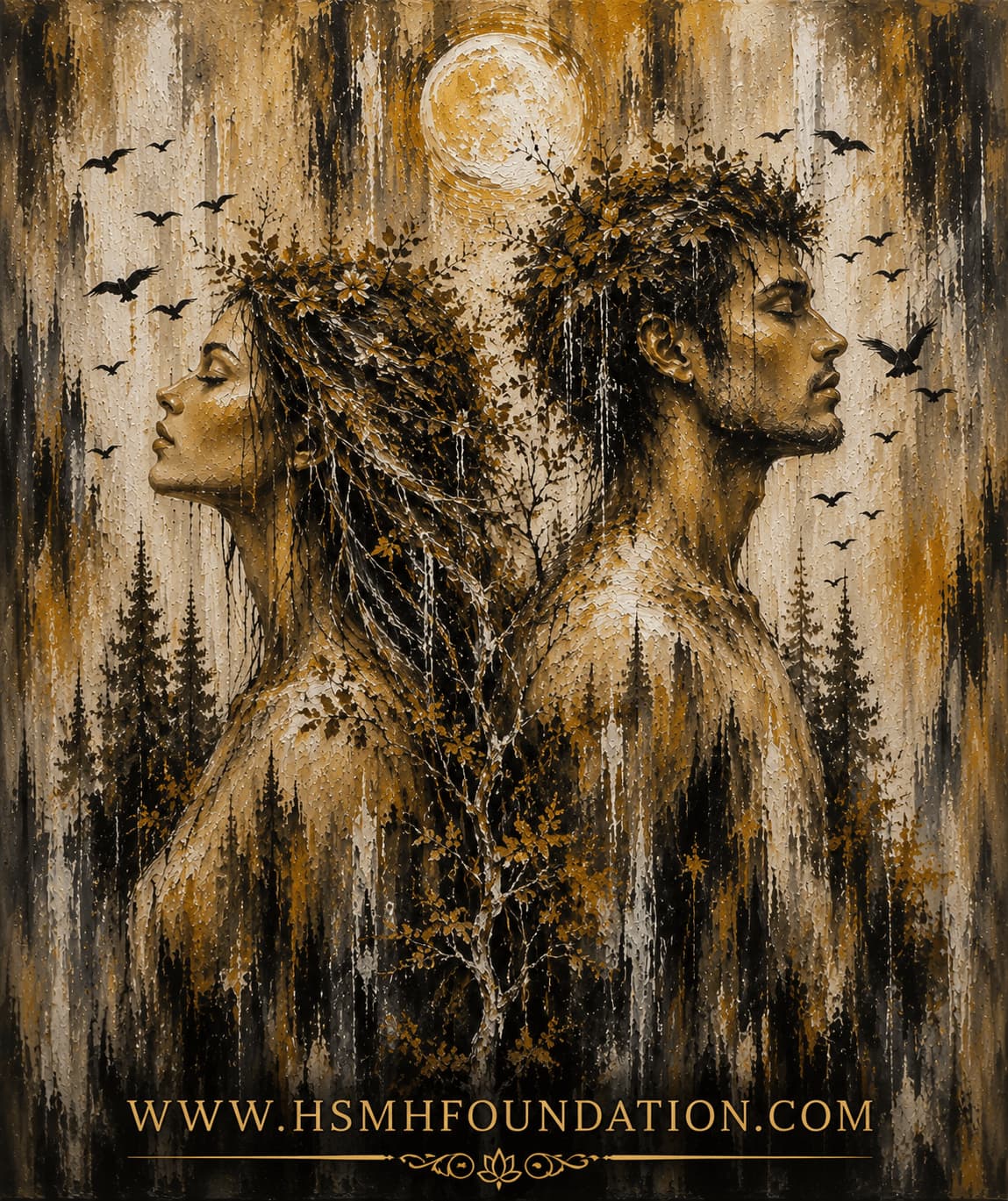 Tree Spirits: Connected Roots abstract artwork featuring a male and female tree spirit standing back to back beneath a full moon, united by a living tree in a peaceful forest.