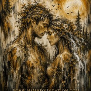 Tree Spirits: Moonlit Union abstract artwork featuring a male and female tree spirit embracing beneath the full moon, surrounded by forest trees, leaves, and birds.