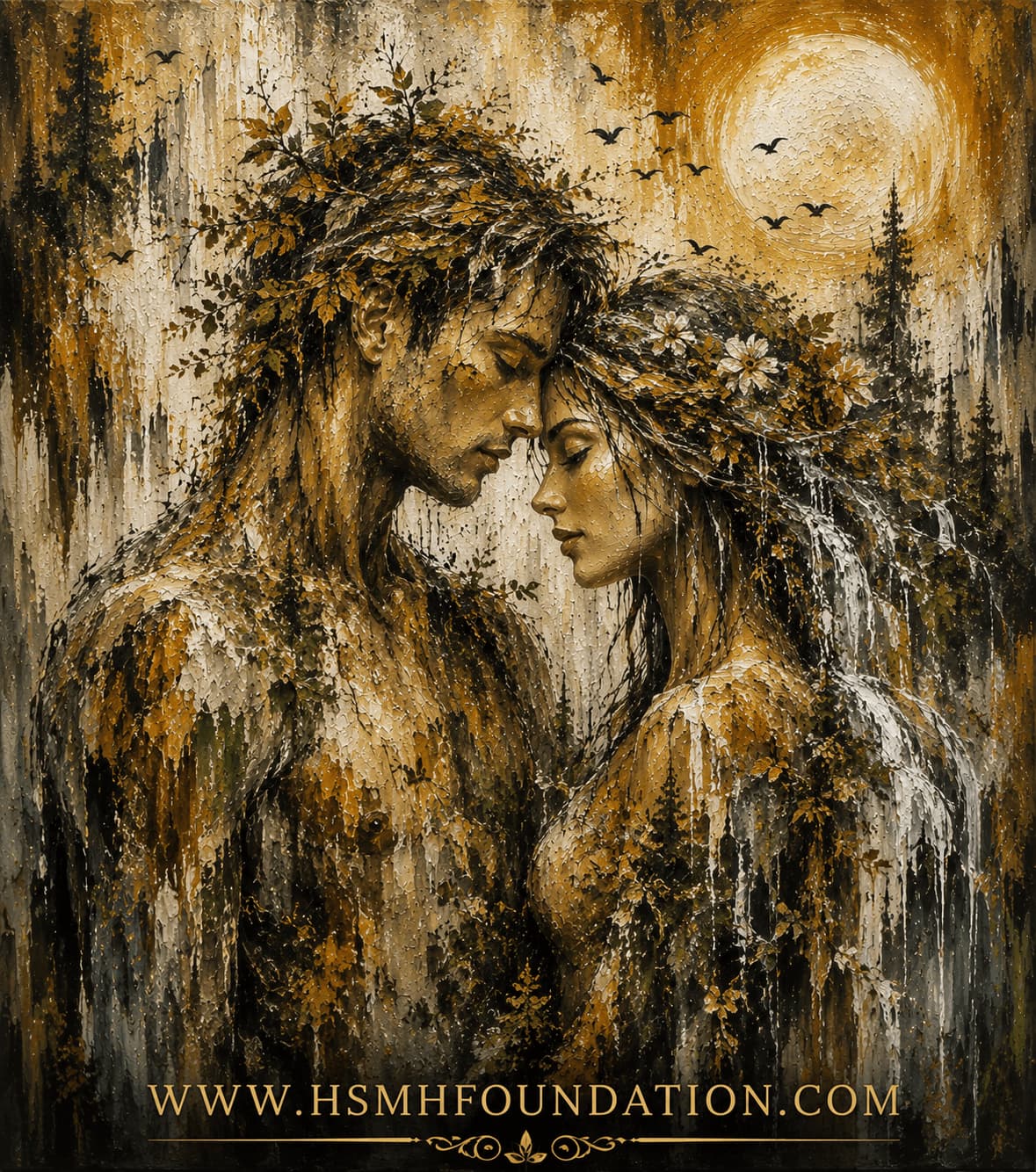 Tree Spirits: Moonlit Union abstract artwork featuring a male and female tree spirit embracing beneath the full moon, surrounded by forest trees, leaves, and birds.