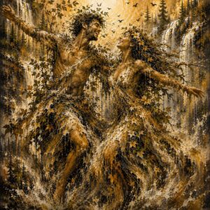 Joyful couple dancing among waterfalls and golden light, with www.hsmhfoundation.com displayed below