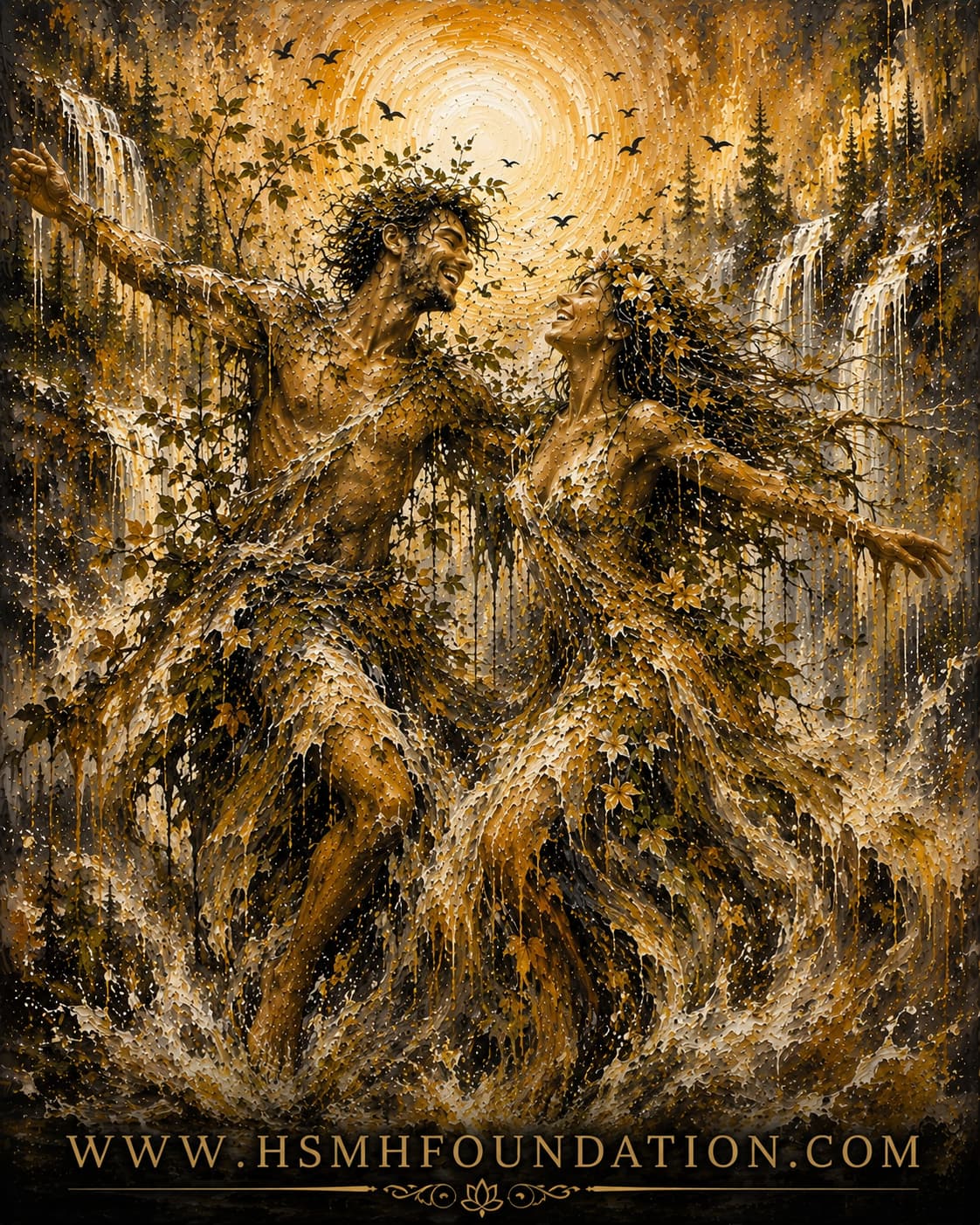 Joyful couple dancing among waterfalls and golden light, with www.hsmhfoundation.com displayed below