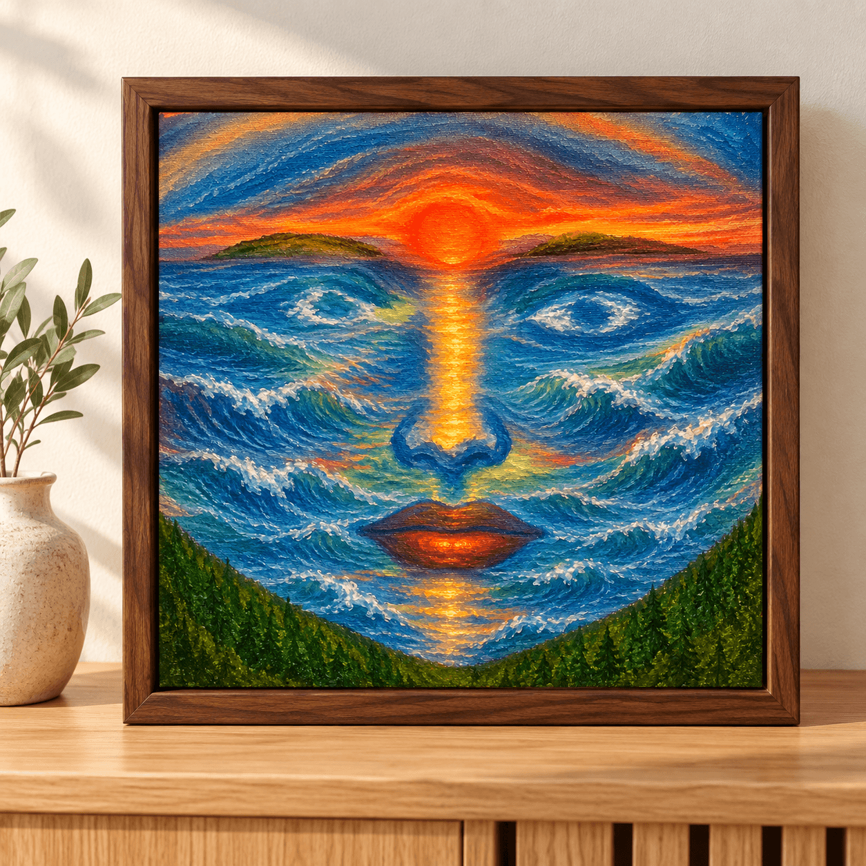 Framed blue ocean face with an orange sunset displayed on a wooden tabletop beside a ceramic vase.