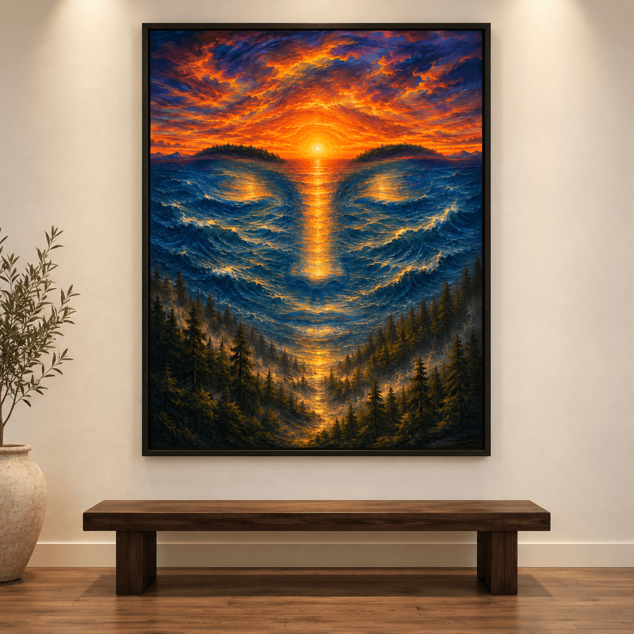 The Guardian Within artwork in a black frame above a wooden bench, featuring a serene face formed by blue waves and golden sunset light.