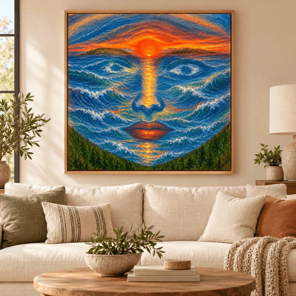 Framed blue ocean face with an orange sunset displayed above a cream sofa.