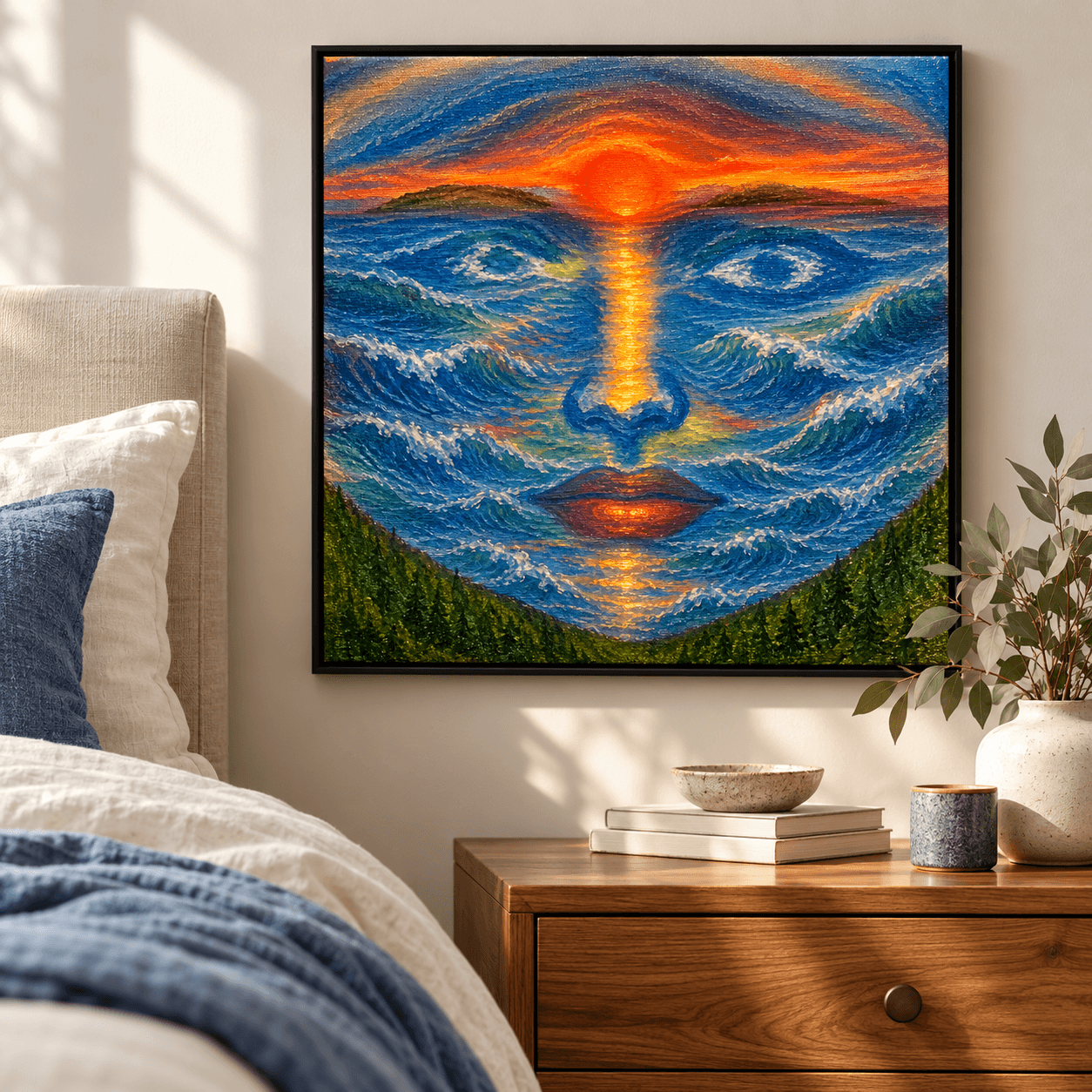Framed artwork of a face formed by blue ocean waves and an orange sunset, displayed beside a bed.