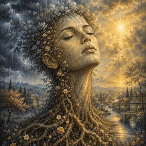 Woman with closed eyes facing golden light, her neck blending into tree roots beneath dark clouds and a crown of small blossoms.