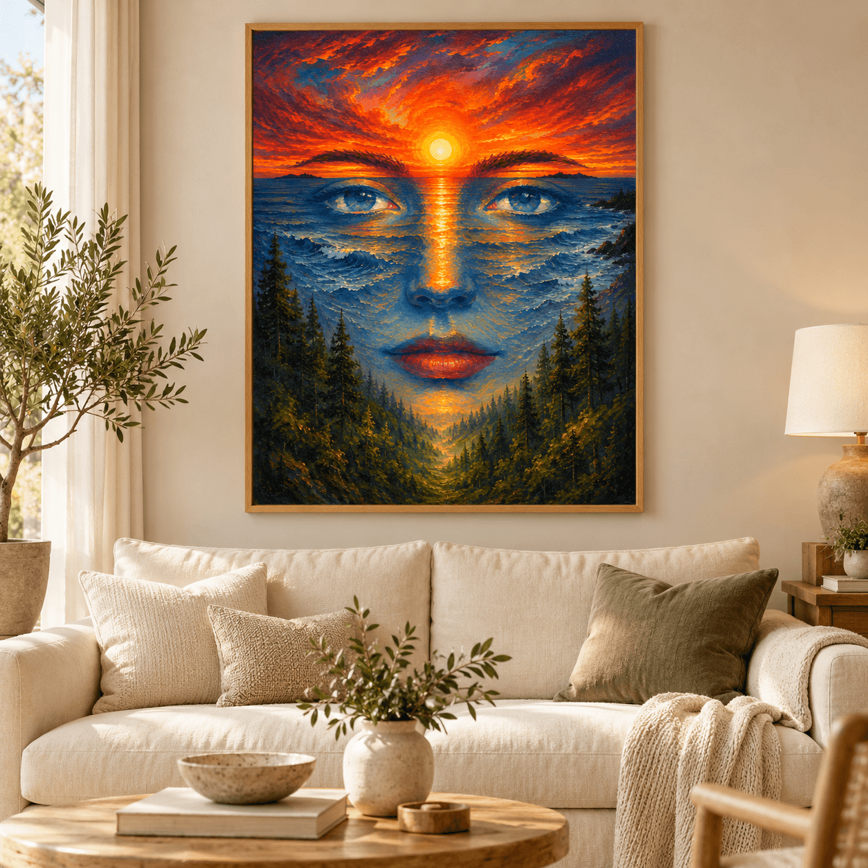 Framed blue face blended with ocean waves, pine trees, and an orange sunset, displayed above a cream linen sofa.