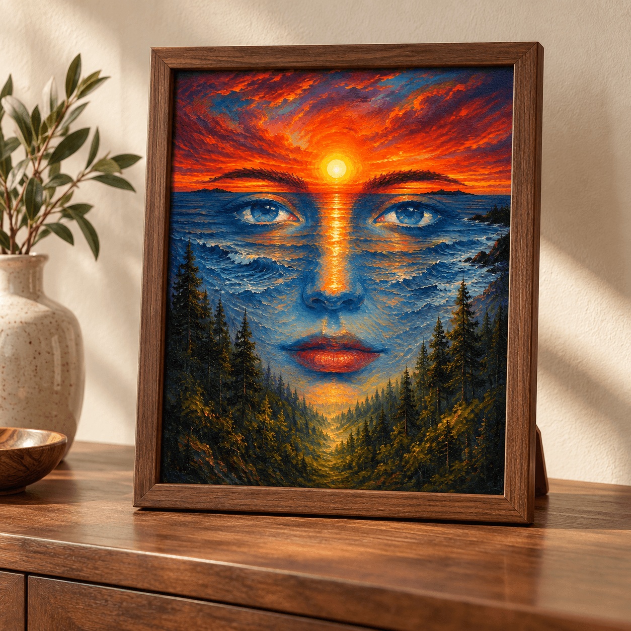 Blue face blended with ocean waves, pine trees, and an orange sunset, displayed in a walnut frame on a wooden tabletop.