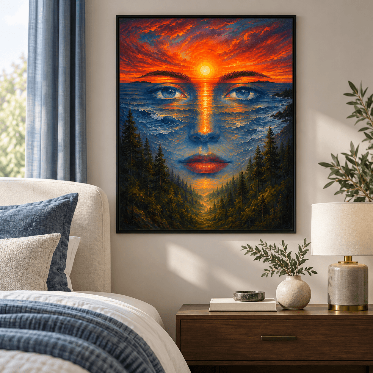 Framed blue face blended with ocean waves, pine trees, and an orange sunset, displayed beside an ivory bed.