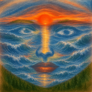 A surreal, symmetrical face emerging from vibrant blue water, transitioning into a fiery orange and yellow sunset sky with soft clouds