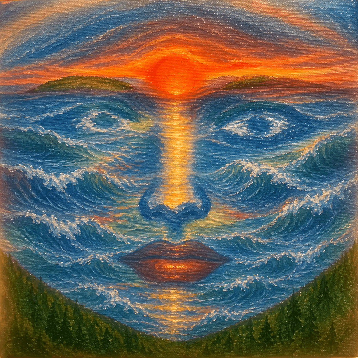 A surreal, symmetrical face emerging from vibrant blue water, transitioning into a fiery orange and yellow sunset sky with soft clouds