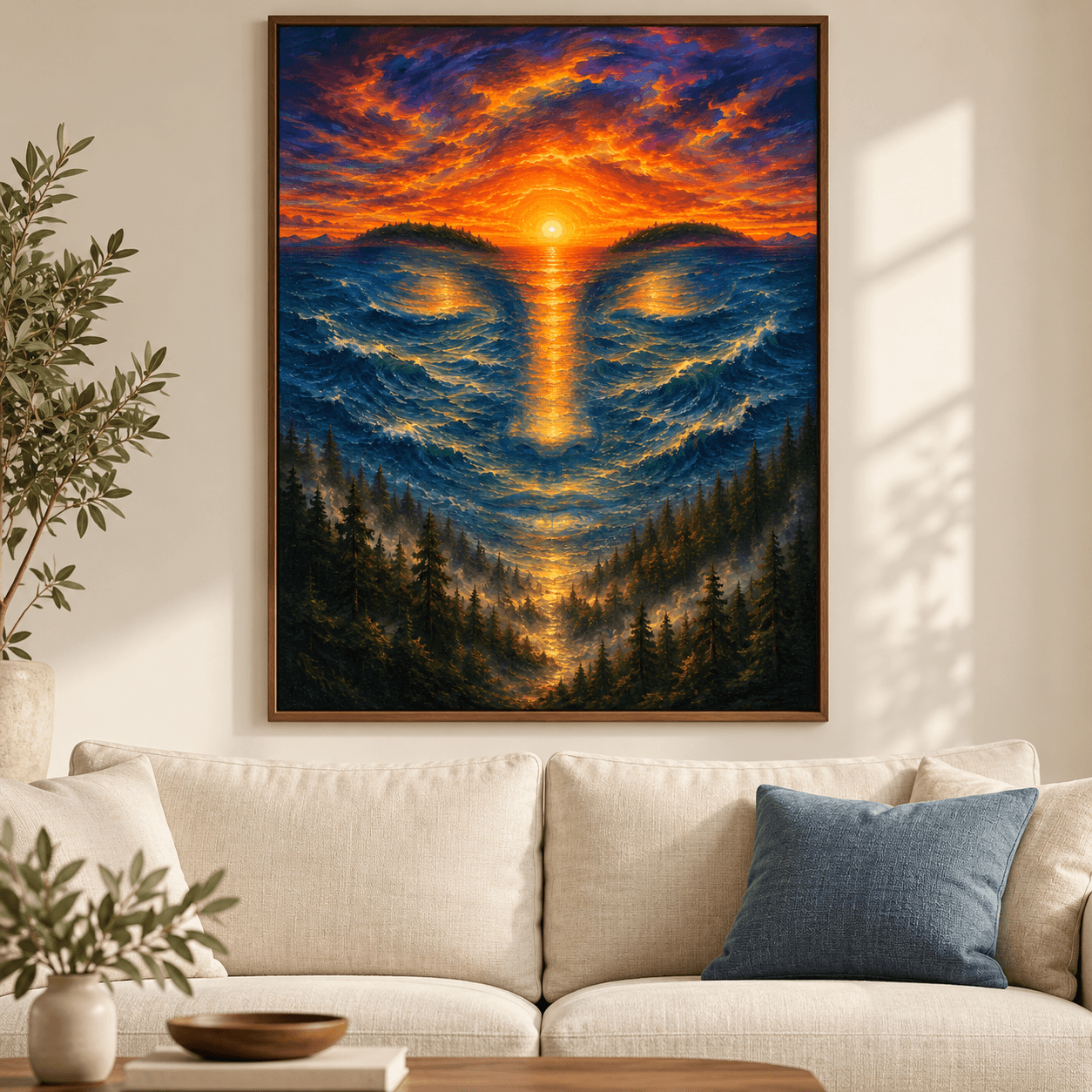 The Guardian Within artwork in a walnut frame above a cream sofa, showing a serene face formed by blue waves and golden sunset light.