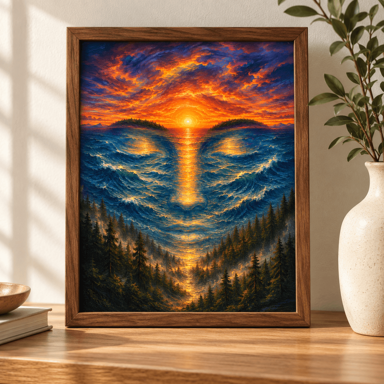 The Guardian Within artwork in a walnut frame on a wooden tabletop beside a cream vase, featuring blue waves and a golden sunset forming a face.