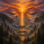 Abstract face with closed eyes blending into an orange sunset, dark clouds, and a glowing golden path of light.