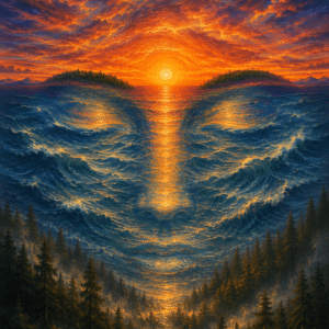Abstract face with closed eyes formed by deep blue ocean waves beneath an orange sunset, with golden light down the center.