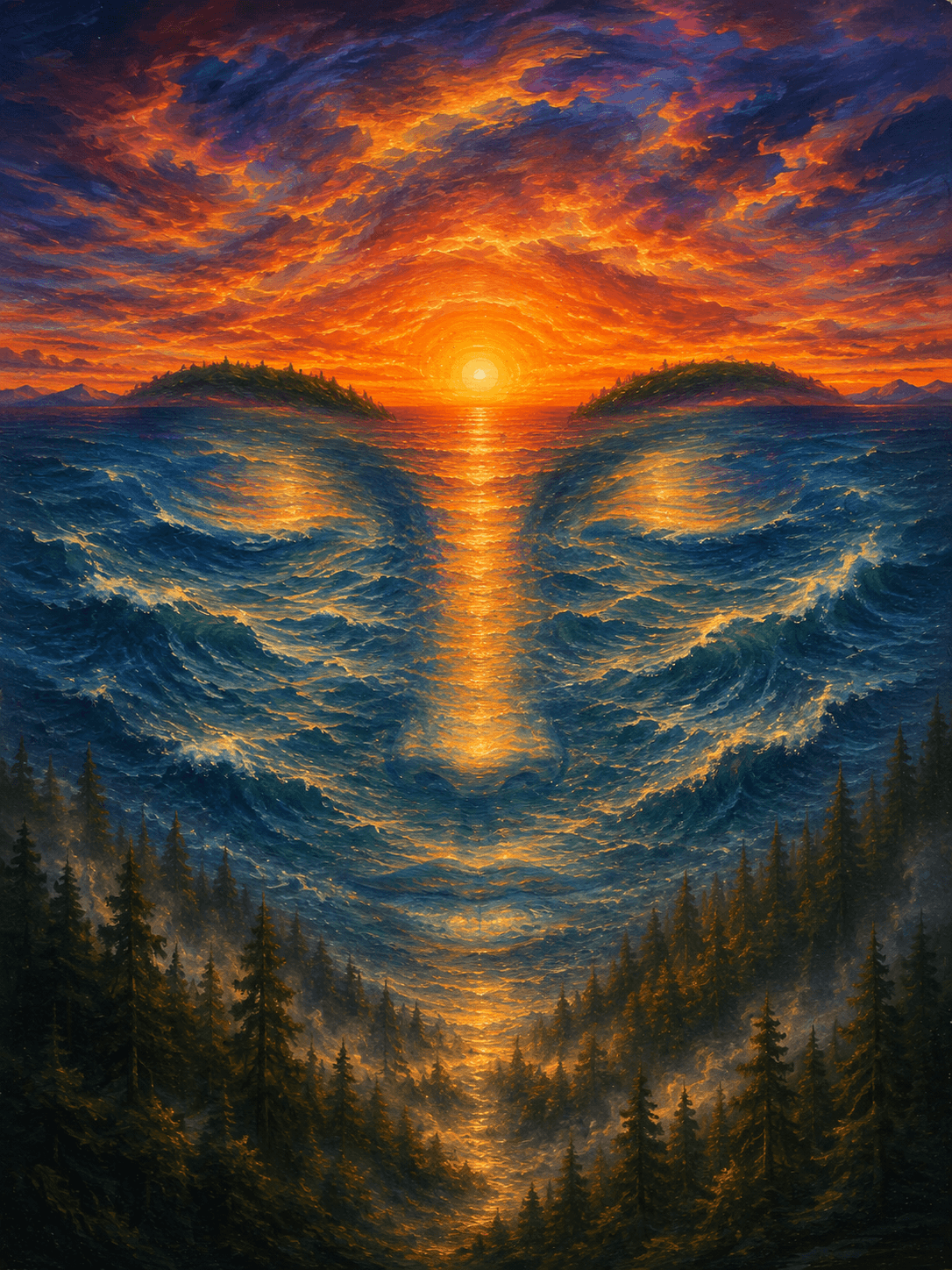 Abstract face with closed eyes formed by deep blue ocean waves beneath an orange sunset, with golden light down the center.